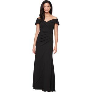 Long Off the Shoulder Stretch Crepe Gown, 12P, Black, Fishtail Back
